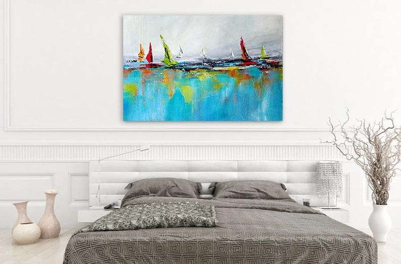 May include: Abstract painting of sailboats on a turquoise blue water background with splashes of yellow, orange, red, and green paint.