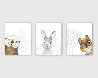 Otter, Chipmunk, Rabbit, Set of Three Prints, Woodland Animals Printable Art, Nursery Prints, Set of 3, Cute Baby Animal, Kids Room Wall Art