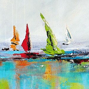 May include: Abstract painting of four sailboats on a blue and green ocean. The sailboats are painted in shades of red, orange, green, and white.