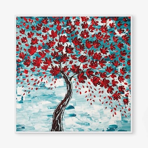 Cherry Blossom Art Print, Abstract Cherry Tree Wall Art, Blooming Tree Painting, Red, Teal, Large Colorful Artwork, Square Canvas Print