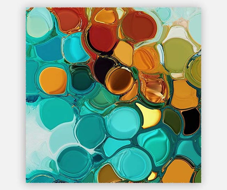 Teal Orange Abstract Art Print on Canvas, Colorful, Blue, Green Wall