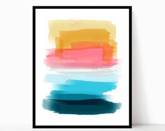 Printable Abstract Art Print, Teal Blue Pink Yellow Color Block Wall Art, Colorful Minimalist Painting, Instant Digital Download Wall Decor