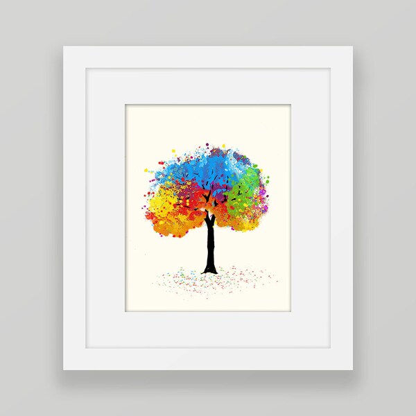 Colorful Wall Art, Tree Printable Wall Decor, Red Blue Green Watercolor Art Print, Digital Download 8x10  Children Art, Boy Girl Room Decor