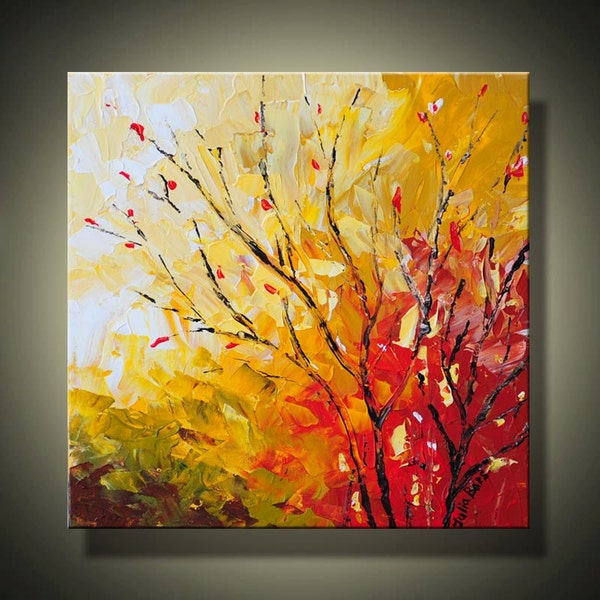 LANDSCAPE Painting, 12x12 Abstract Art, Autumn Tree, Red, Yellow, Original, Small Acrylic Painting, Palette Knife on Canvas by Julia Bars