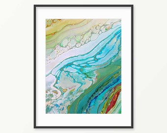 Coastal Art Print, Printable Abstract Painting, Ocean Wave, Blue Green Orange Seascape Wall Decor, Modern Bathroom Wall Decor, Gift