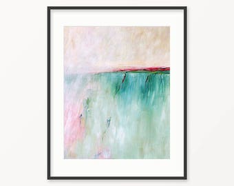 Printable Wall Art, Coastal Art Print, Ocean Sea Nature Abstract Painting, Turquoise Pink Seascape, Calming Digital Download Wall Decor Gift