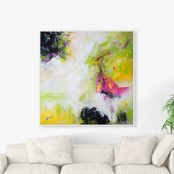 Abstract Wall Art On Canvas Pink Black Yellow Green White Etsy
