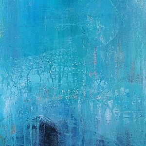 May include: Abstract painting with a blue background and white and gray accents. The paint is textured and has a layered effect.