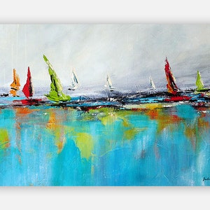 May include: Abstract painting of sailboats on a blue and green ocean with a gray sky. The sailboats are red, green, orange, and white.