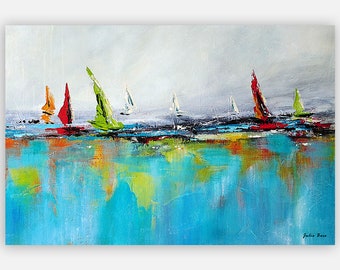 Abstract Seascape Art Print, Colorful Sailboats, Coastal Canvas Art