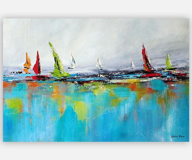 May include: Abstract painting of sailboats on a blue and green ocean with a gray sky. The sailboats are red, green, orange, and white.