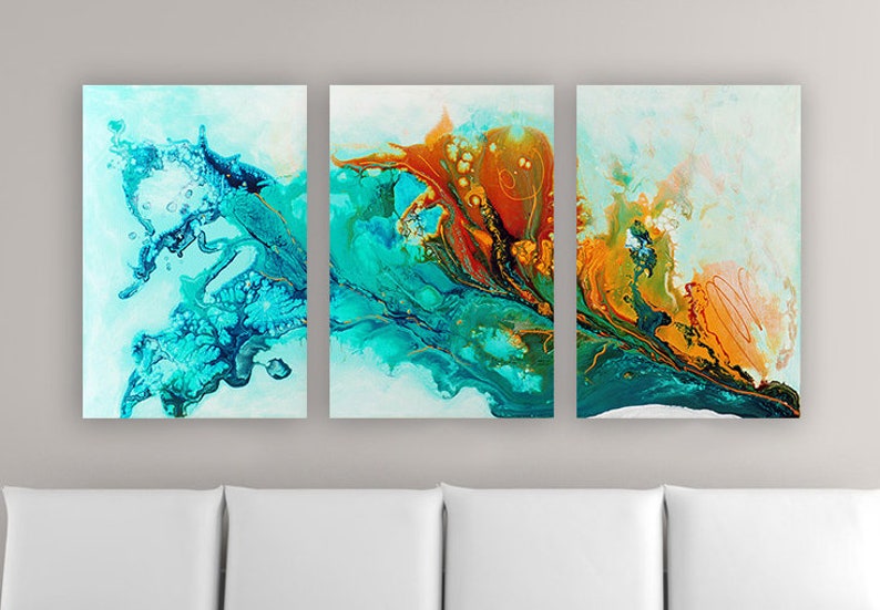 Large Abstract Triptych Art Print, Three Panel Wall Art, Teal Blue