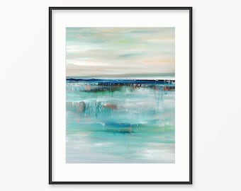 Abstracte print kustzeegezicht, blauwe groenblauw oceaan afdrukbare muurkunst