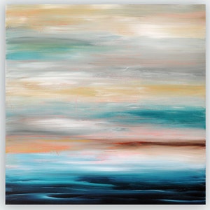 May include: Abstract painting with horizontal brushstrokes in shades of blue, green, brown, and beige. The painting evokes a sense of calm and serenity, reminiscent of a seascape.