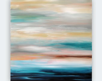 Abstract Seascape Art Print, Teal, Blue, Gray Coastal Wall Art on Canvas