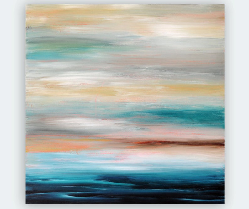 May include: Abstract painting with horizontal brushstrokes in shades of blue, green, brown, and beige. The painting evokes a sense of calm and serenity, reminiscent of a seascape.