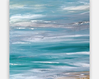 Abstract Coastal Art Print, Teal Blue Seascape, Ocean Beach Wall Art
