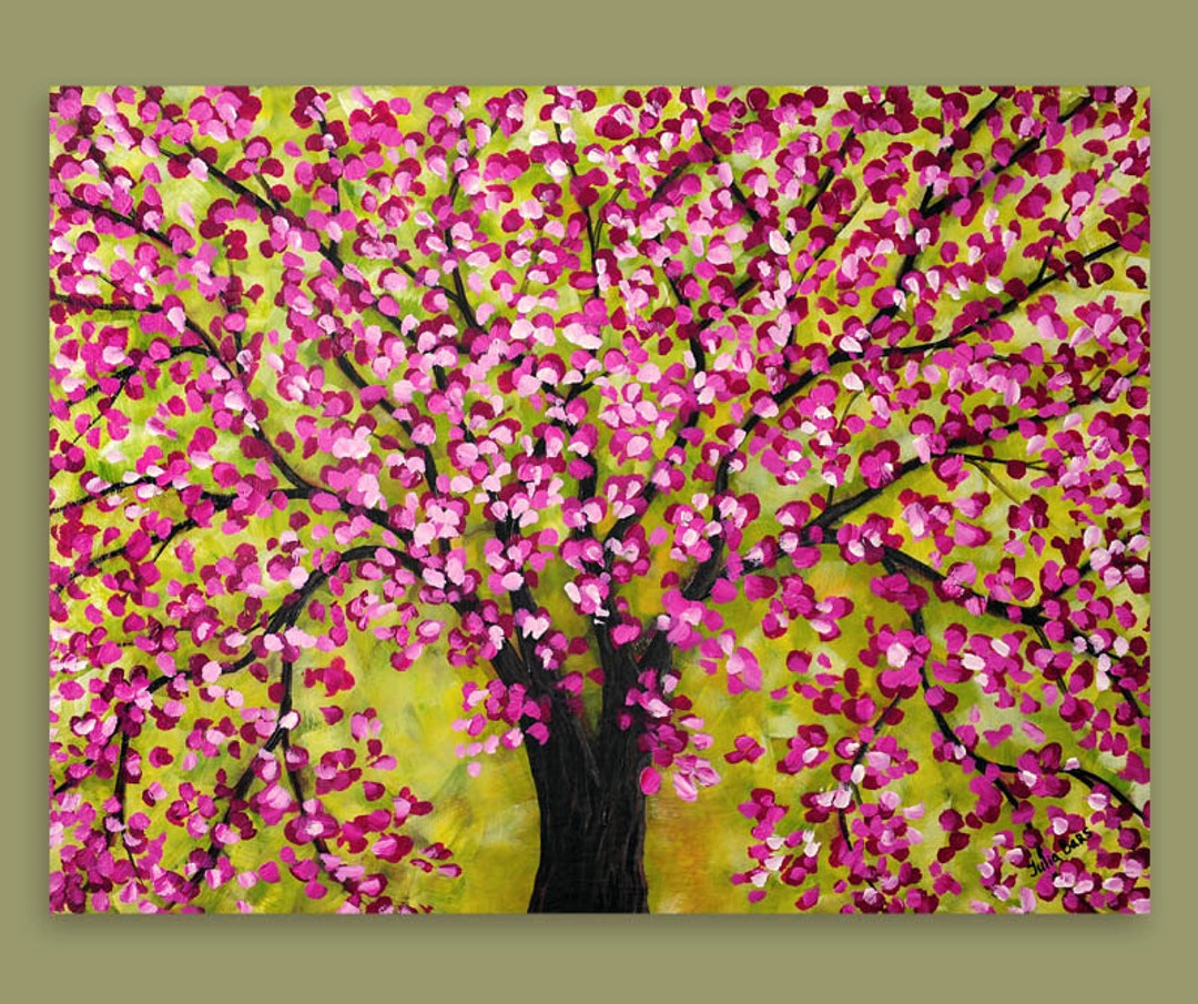 Abstract Cherry Tree Art Print, Pink, Green Blossom Wall Art on Canvas ...