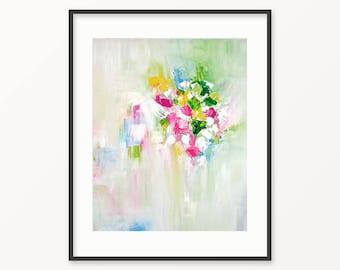 Afdrukbaar abstract schilderij, bloemen roze, groene, blauwe bloemen kunstafdruk