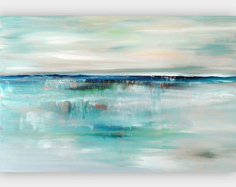Abstract Seascape Art, Coastal Canvas Print, Beige Blue Ocean Beach Canvas Artwork