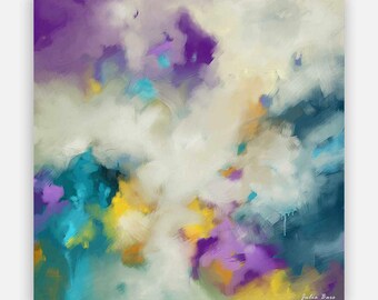 Large Abstract Art Print on Canvas, Mystic, Purple, Teal, Yellow Modern Wall Art