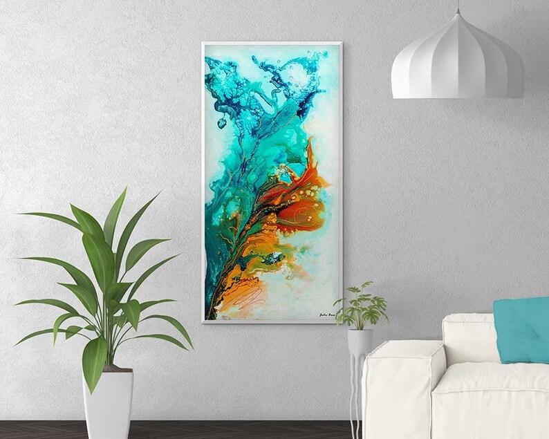 Teal Orange Abstract Painting Large Fluid Art Print Canvas or Etsy Canada