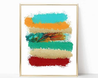 Abstract Color Block Art Print, Teal, Orange Printable Artwork, Digital Download