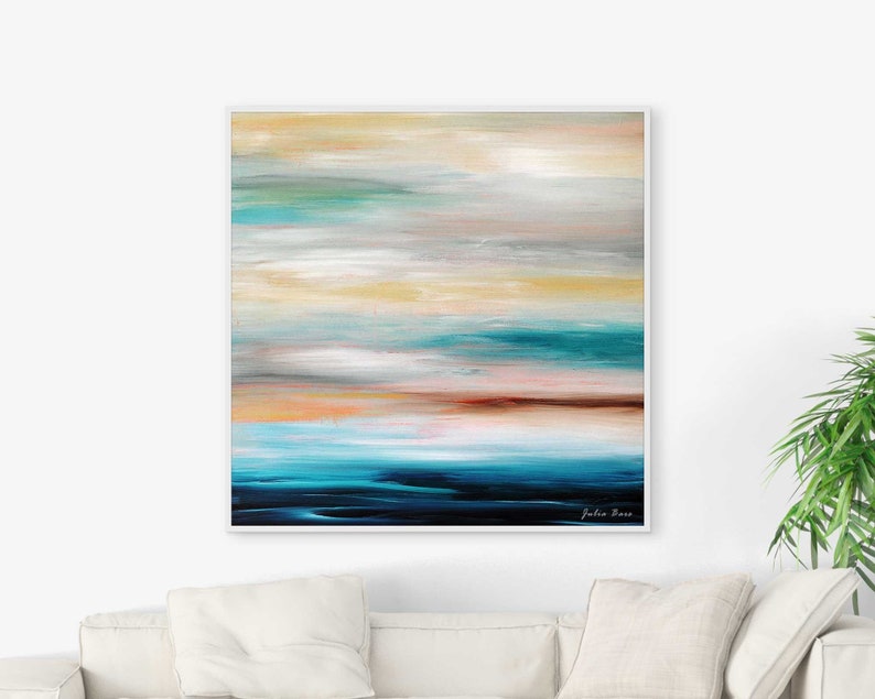abstract nautical art print, ocean, beach, coastal painting in teal and blue