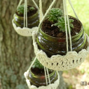 Puede incluir: Tres frascos de vidrio con plantas colgando de una rama de árbol. Cada frasco está envuelto en una cenefa de encaje blanco de ganchillo y suspendido con un cordel.