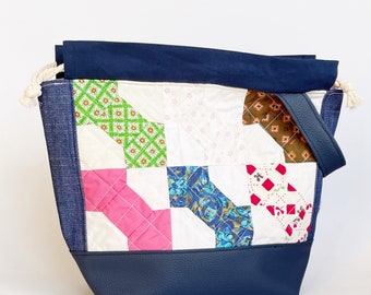Upcycled Knitting Project Bag | Yarn Organizer | Repuposed Drawstring Bag | Crochet Project Bag | Large Knitting Bag | Knitting Tote