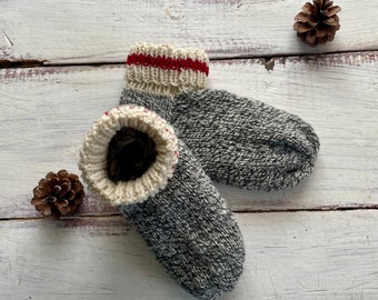 MADE TO ORDER Mens Womens Unisex Thrum Slippers Hand Knit Wool Slippers Newfoundland Knitting House Slipper Socks Wool Thrummed Grey Gray