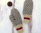 MADE TO ORDER Thrummed Mittens Hand Knit Grey and White Wool with Red Stripe Sock Monkey Style