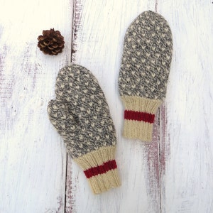 MADE TO ORDER Thrummed Mittens Hand Knit Grey and White Wool with Red Stripe Sock Monkey Style