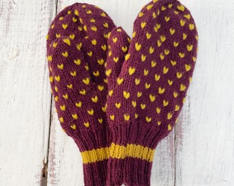 SMALL Burgundy Gold Thrum Mittens Hand Knit Wool Mittens with Adult Small Maroon Yellow Women’s Mittens Thrummed Mittens Newfoundland Mitten