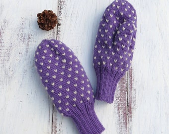 XS Purple Mauve Thrum Mittens Hand Knit Wool Mittens with White Thrums Adult XS