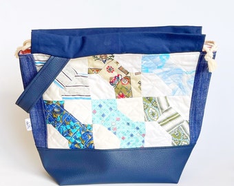Upcycled Knitting Project Bag | Yarn Organizer | Repuposed Drawstring Bag | Crochet Project Bag | Large Knitting Bag | Knitting Tote