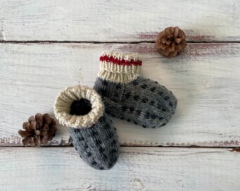 Toddler Thrummed Slippers Wool Hand Knit Grey with Charcoal Grey Thrums Size 8-9