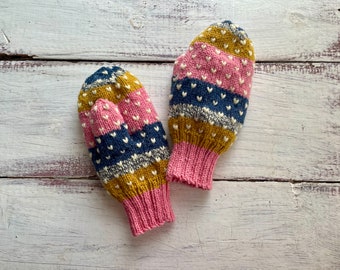 SMALL  Striped Thrum Mittens Hand Knit Wool Mittens with White Thrums Adult Small Pink Gold Blue