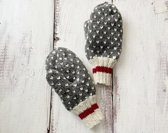 MADE TO ORDER Thrummed Mittens Hand Knit Grey and White Wool with Red Stripe Sock Monkey Style