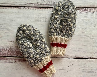 Kids Thrummed Mittens Hand Knit Wool Sock Monkey Style Kids Wool Mittens Newfoundland Mittens