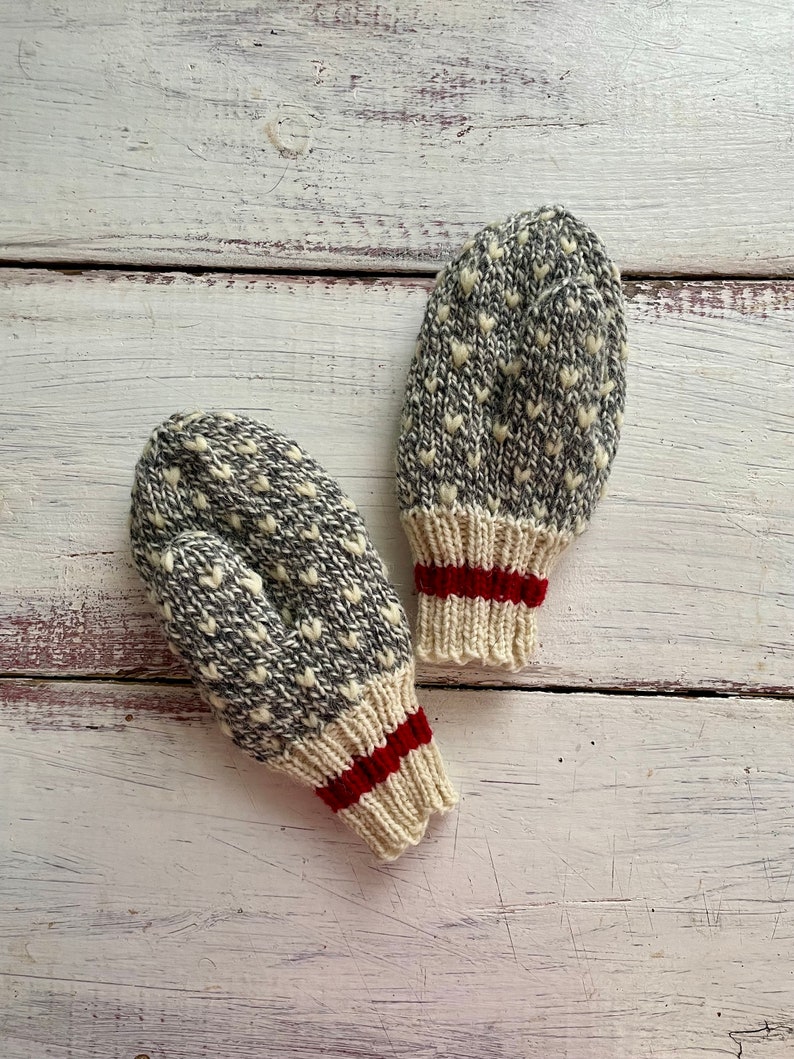 Kids Thrummed Mittens Hand Knit Wool Sock Monkey Style Kids Wool Mittens Newfoundland Mittens image 1