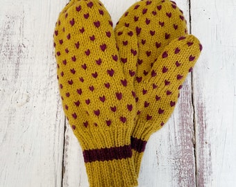 SMALL Burgundy Gold Thrum Mittens Hand Knit Wool Mittens with Adult Small Maroon Yellow Women’s Mittens Thrummed Mittens Newfoundland Mitten