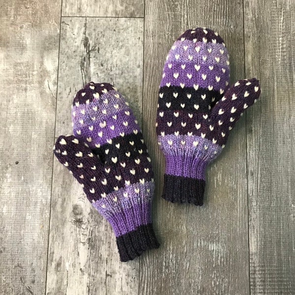 Small Purple Stripes Thrum Mittens Hand Knit Wool Mittens with White Thrums Adult Small