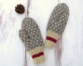 SMALL Thrummed Mittens Hand Knit Grey and White Wool with Red Stripe Sock Monkey Style Small Womens Wool Mittens Newfoundland Mittens