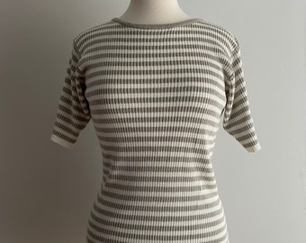 Vintage Beige-Grey & White Striped Tricot Shirt Sleeve Knit Tee T-Shirt