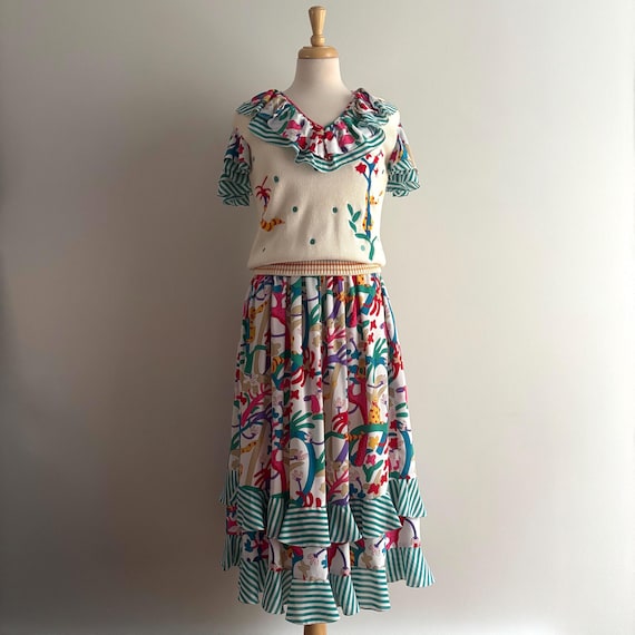 Vintage 1980s DIANE FREIS Animal Print Knit & Georgette Top and Skirt Set