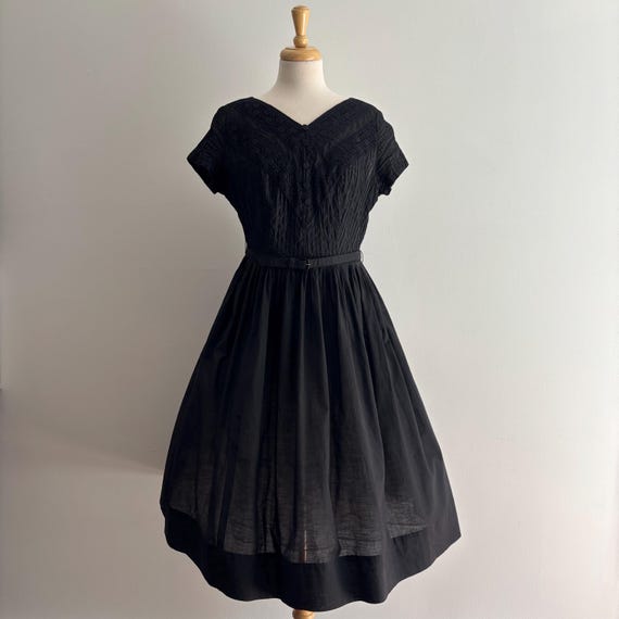 Vintage 1950s Black Cotton Pin-tucked and Lace Prairie Dress / 30 waist