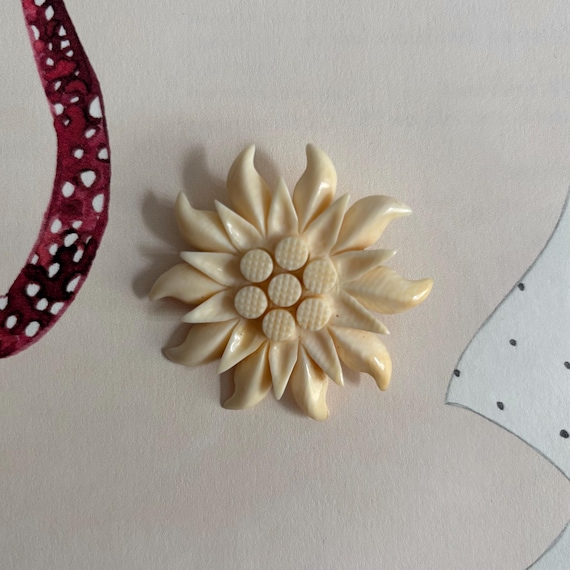 Vintage Early 20th Century Celluloid Edelweiss Carved Trombone Clasp Brooch