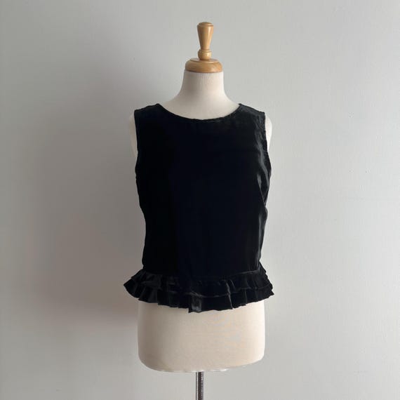 Vintage 90s CACHÉ Tadashi Shoji Black Velvet Ruffle Sleeveless Peplum Top L