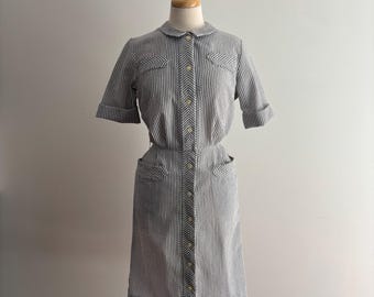 Vintage 1960s Railroad Stripe Seersucker Shirtdress / 26 waist